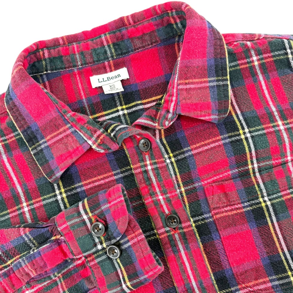 LL Bean Womens XS Red Tartan Plaid Flannel Shirt Cotton Button Down 298090